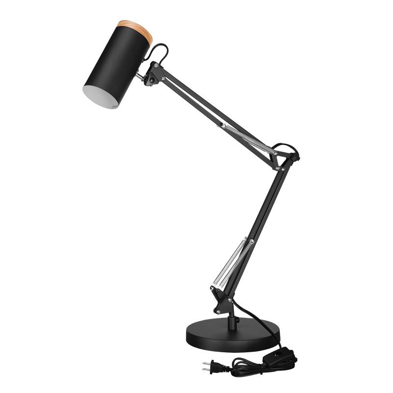 Swing Arm Table Lamp, Large Size Height 29.7", Adjustable Metal Desk Light With Wooden Accent, Black