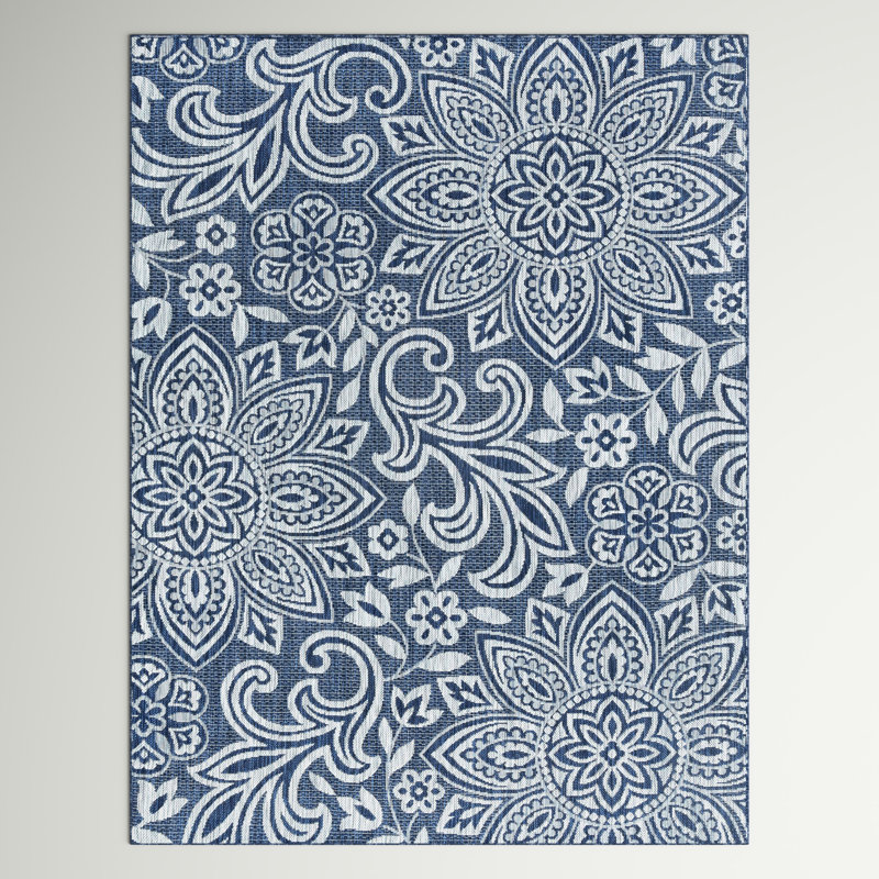 Tapis intérieur / extérieur bleu marine / gris clair Curvin, Rectangle 7 pi 10 po x 10 pi 3 po