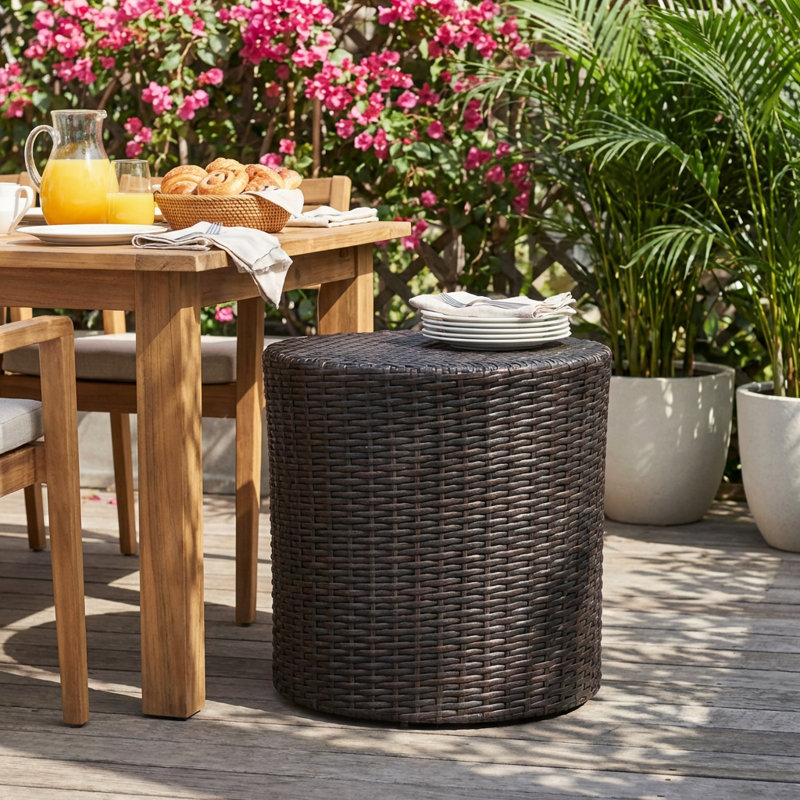 Outdoor Barrel Side Table with Wicker Weave Design