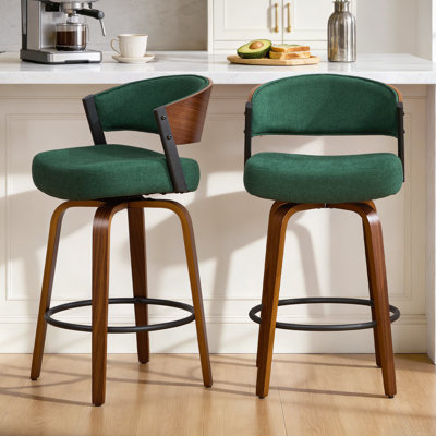 360° Swivel Mid-Century Modern Curved Bentwood Bar Stool With Upholstered Seat And Open Back Design