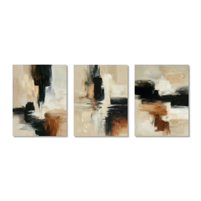 Black and Brown Brushstroke Abstract Painting – Abstract Framed Canvas Wall Art Set of 3