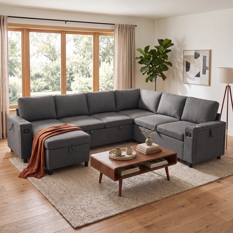 Canapé-lit modulaire en U convertible avec rangement, ports de chargement USB, porte-gobelets et revêtement en chenille, canapé-lit à 7 places