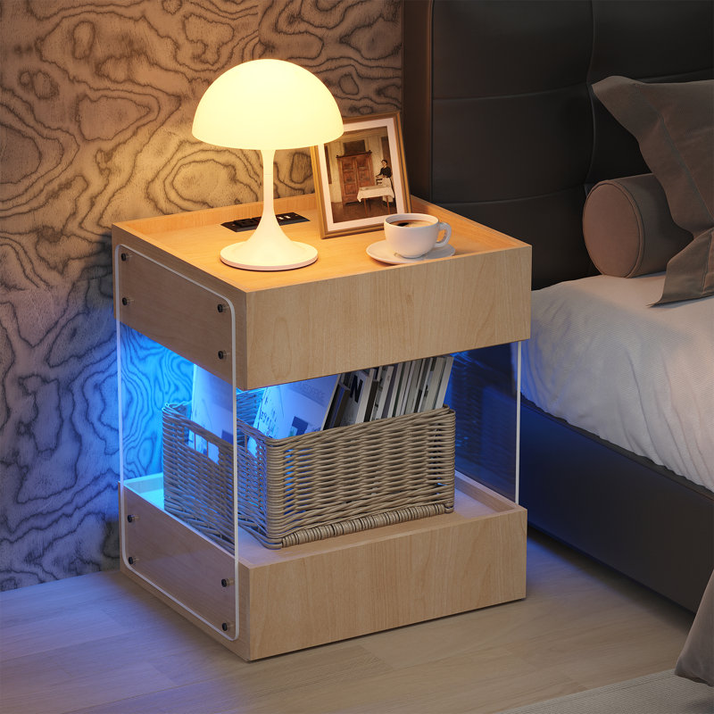 17"W Modern Style Wooden Nightstands with USB Port and LED Lights, Brown