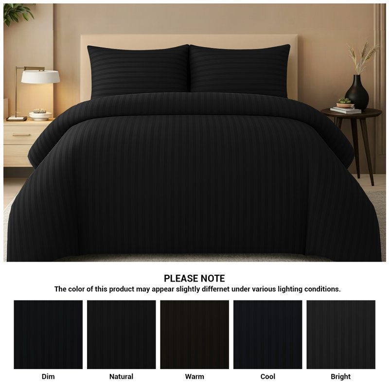 Premium Satin Stripe Single Duvet Cover Set with Matching Pillowcase – Ultra Soft Hypoallergenic Microfiber Bedding, Black