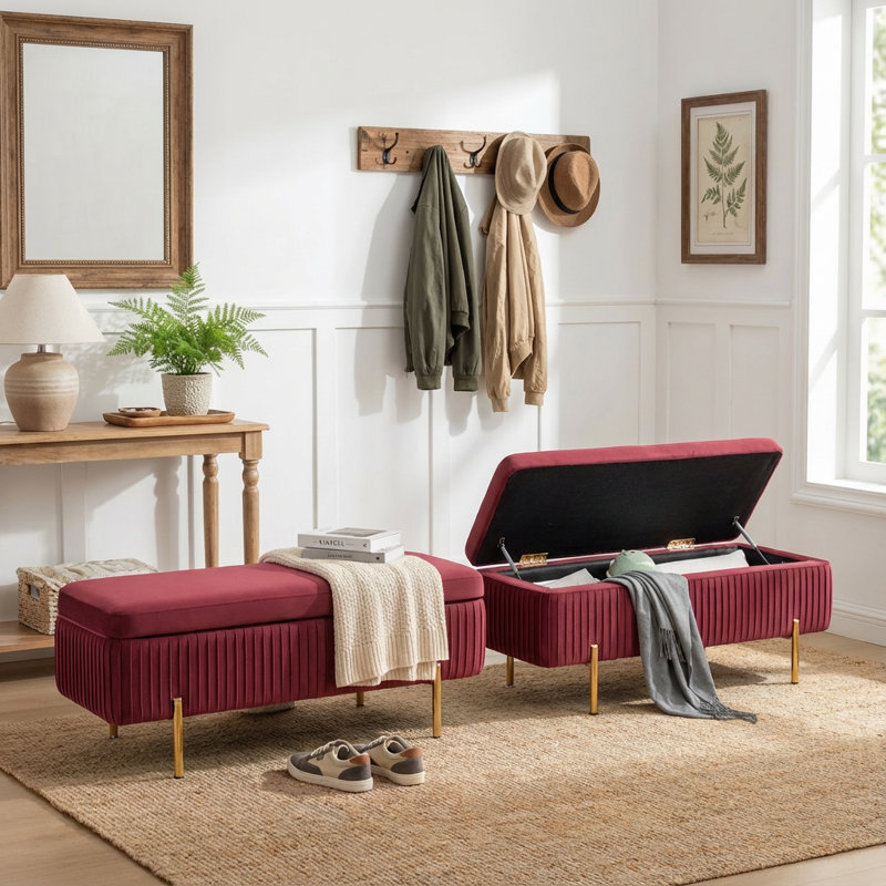 Banc de rangement en velours Leaysia, Rouge