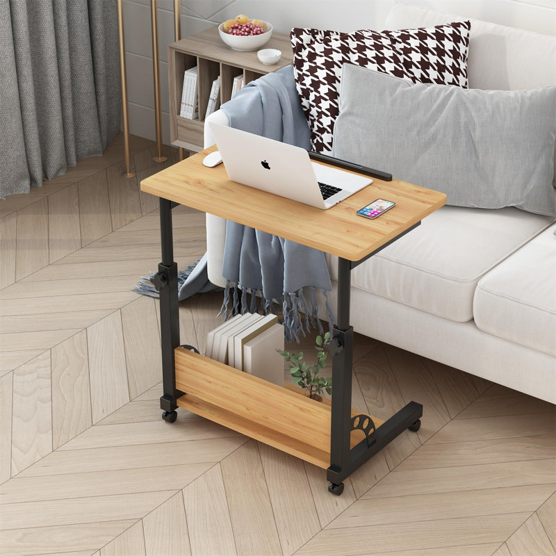 Adjustable Bamboo and Black Metal Rolling Laptop Cart