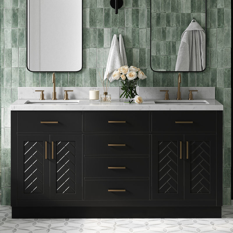 Meuble-lavabo double rectangulaire à chevrons de 66 po avec comptoir en quartz blanc Carrara blanc, Rectangulaire, Noir