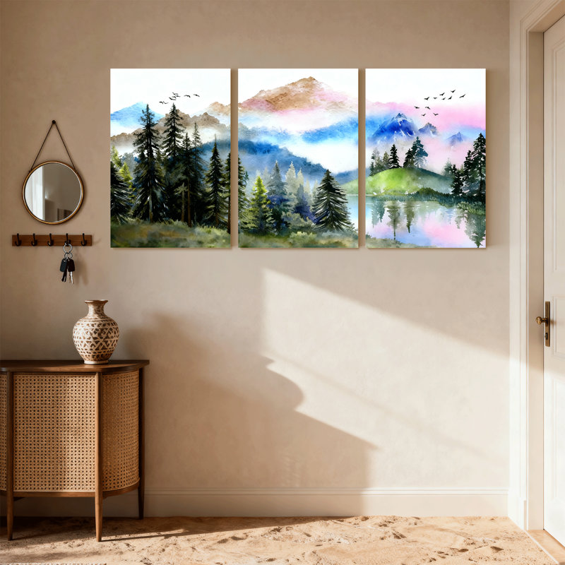 Paysage et nature montagne forêt lac réflexion ciel oiseaux arbres eau ensemble de 3 impressions sur toile, 18" H x 36" W