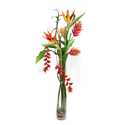 Faux Bird Of Paradise, Flowering Plant in Glass Vase