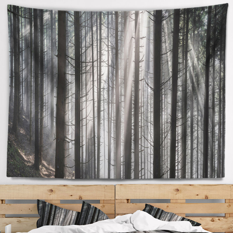 Rayons de soleil parcourant une tapisserie sombre forêt, H 68 po x l 80 po