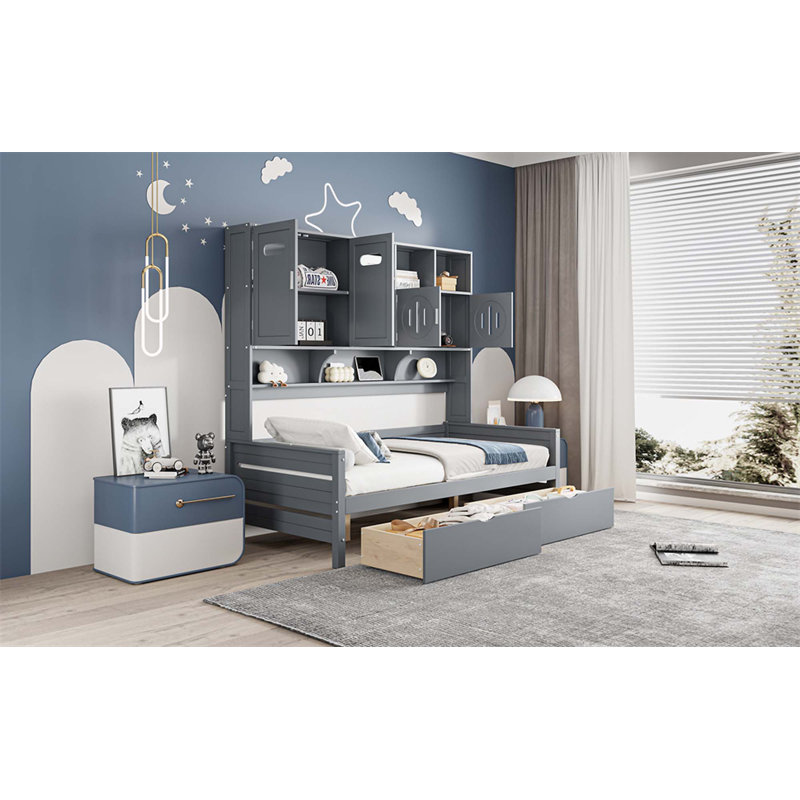Lit de jour en bois avec tiroirs, armoire et tablette tout-en-un, Lit simple, Gris