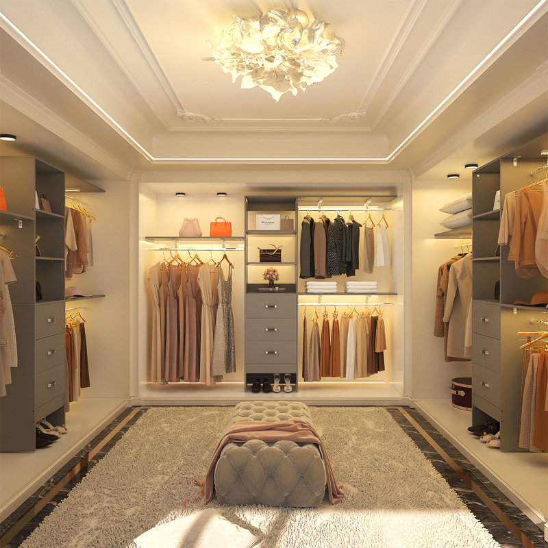 20.2'' - 96'' W Closet System with Wooden Drawers and Hanging Rods(cut To Fit), Gray