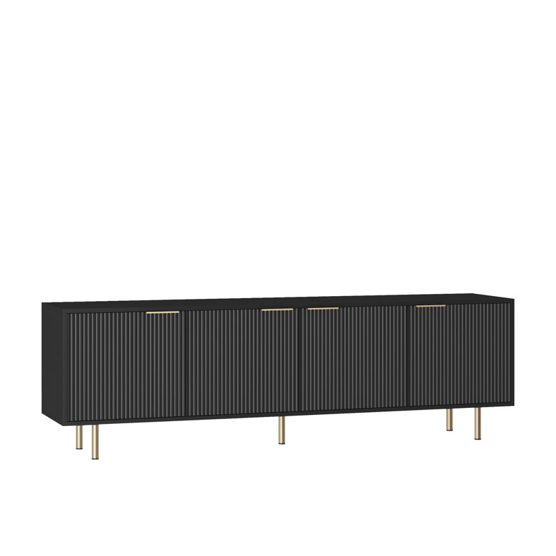 Meuble télé de 68 po de style cannelé noir, prise de courant, rangement pour téléviseur de 55 po et plus, centre de divertissement, mobilier de salon moderne avec décor