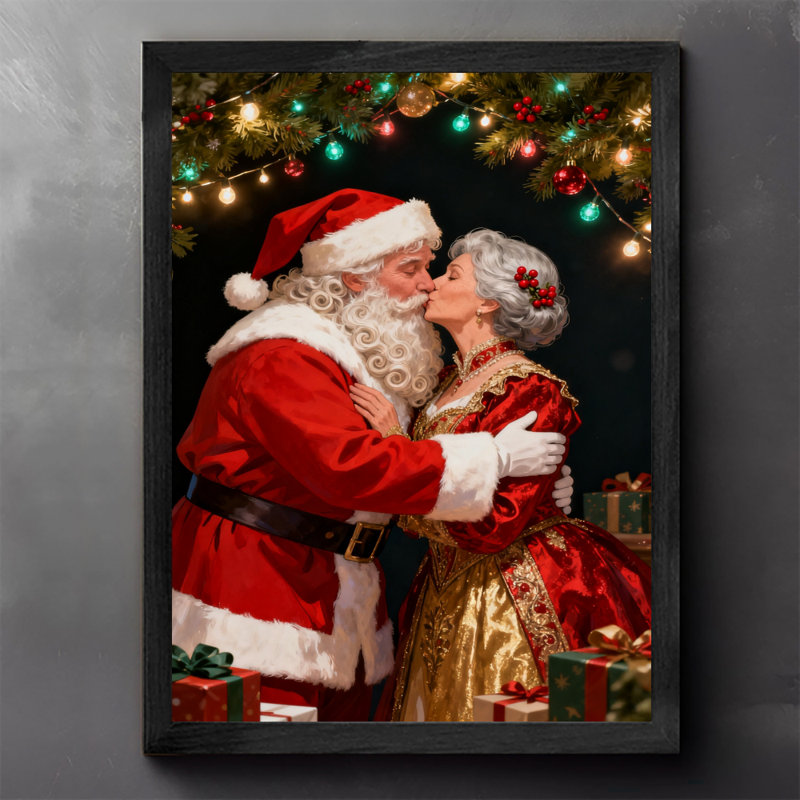 «Black and Santa», Père Noël embrassant un art mural de Noël romantique, impressions de style rétro, H 25 po x l 17 po