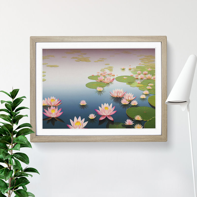 Adorable Water Lily Pond - Single Picture Frame Print, 46cm H x 64cm W x 2cm D, Oak Framed