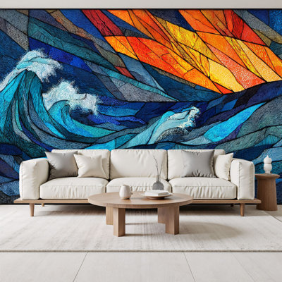 Papier peint adhésif vitrail pelez et collez représentant les peintures murales de Sunset Ocean Energy H 69 po x l 96 po, papier peint amovible en PVC autocollant pour chambre à coucher, bureau à domicile
