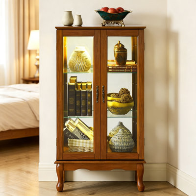 Curio Cabinet Lighted Curio Diapaly Cabinet with Adjustable Shelves and Mirrored Back Panel, Tempered Glass Doors (Cherry, 3 Tier), (E26 light bulb not included)