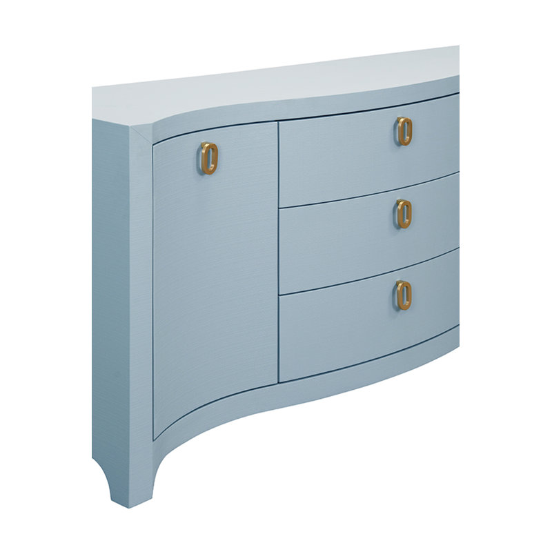 Curved Front Two Door Three Drawer Buffet In Textured Light Blue Linen With Satin Brass Ring Hardware, Textured Light Blue