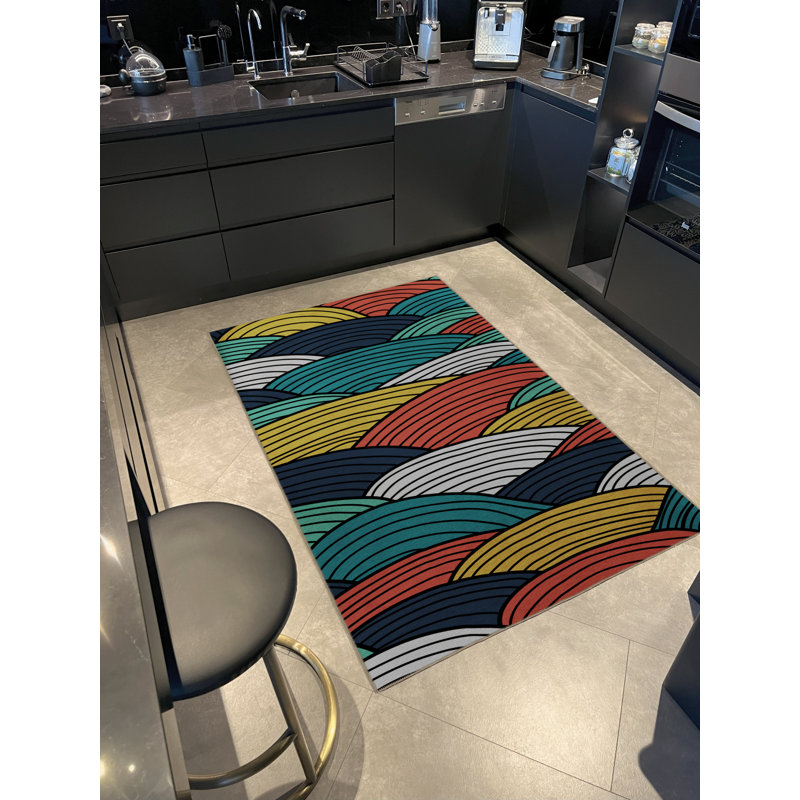 Multi-Colored Wavy Spiral Fish Scale Patterned Creative Modern Decorative Rug, Rectangle 4'11.06" x 9'10.11"