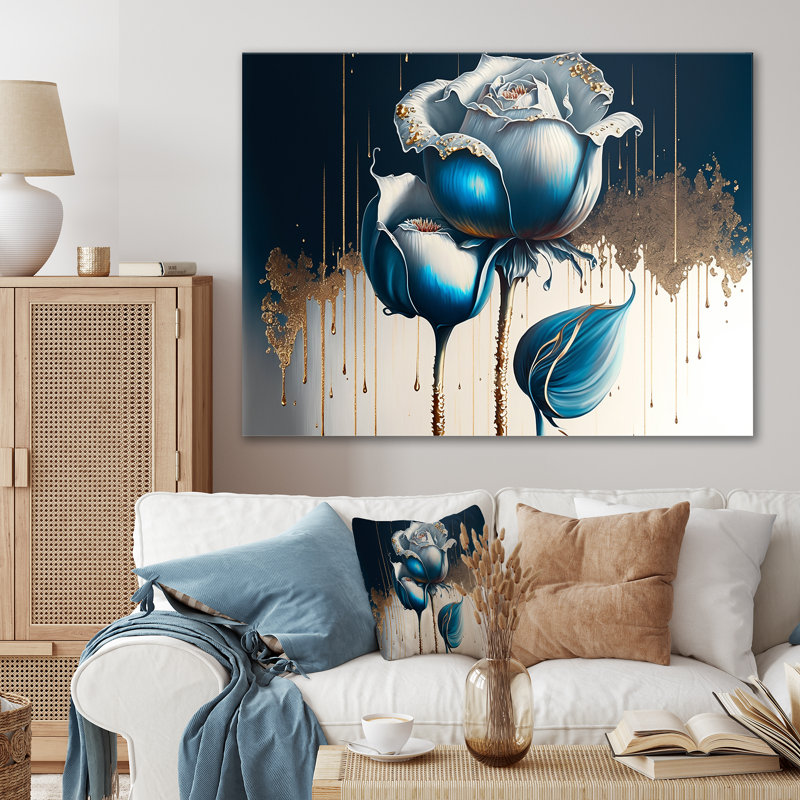 Décoration murale en métal bleu clair et blanc Cally Lillies I - Floral et botanique, H 16 po x l 32 po x P 1 po