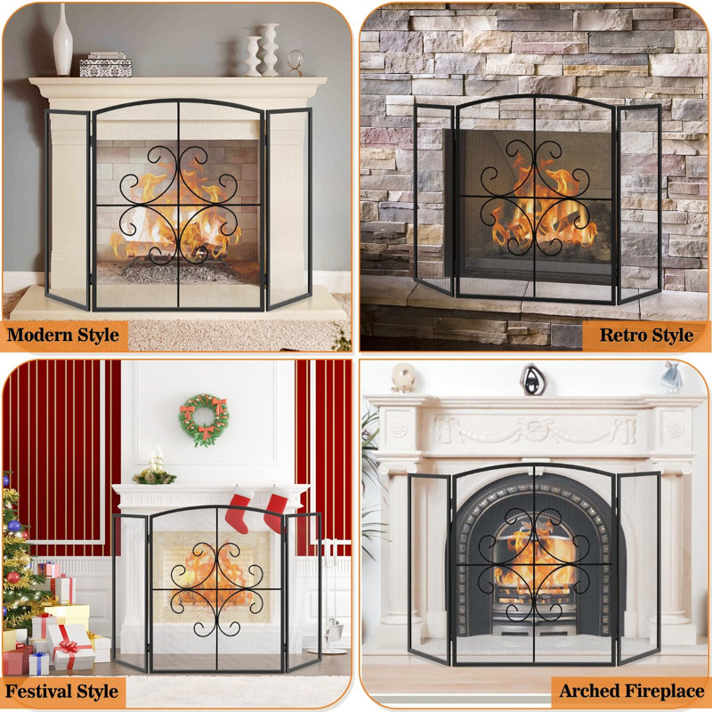 Pare-feu à 3 panneaux sur pied, 122 cm (L) x 74 cm (H), en fer forgé