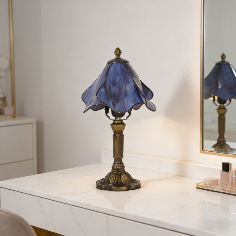 Tiffany Style Blue Purple Petal Stained Glass Table Lamp, Antique Bronze Resin Base, E26 Warm Bulb Included, Vintage Accent Lamp