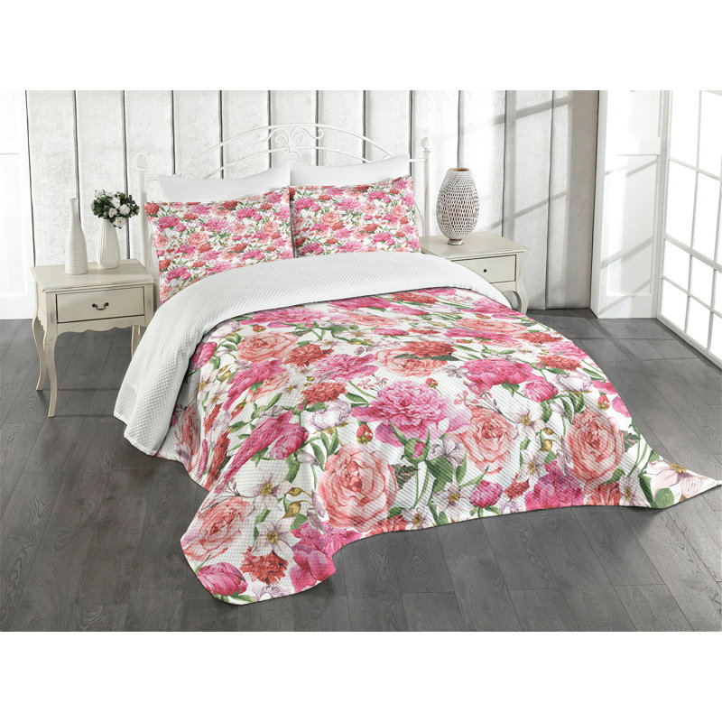 Ambesonne Floral Bedspread Peonies and Roses, King Bedspread + 2 Standard Shams