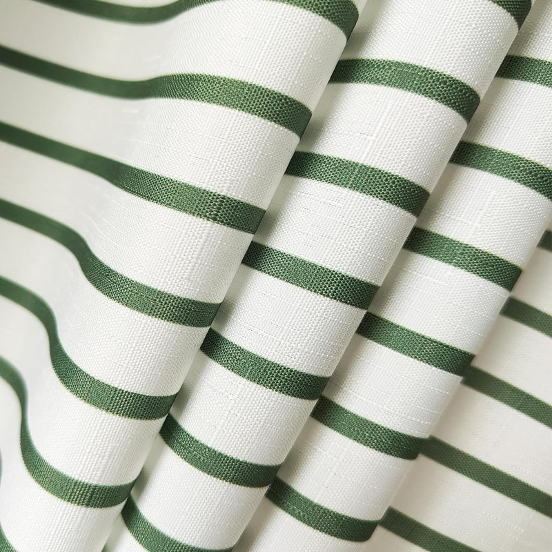 Sage Green and White Striped Fabric Shower Curtain with Pompoms