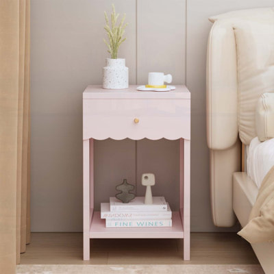 Table de chevet moderne avec tiroir et tablette ouverte, table de chevet festonnée pour chambre à coucher, design minimaliste mignon pour chambre d'enfant ou de fille, rose