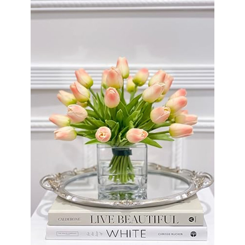 Peach Tulips Floral Arrangement, Real Touch Tulip Centerpiece,modern Artificial Arrangement Flowers In Glass Vase,french Decor Tulips Flower