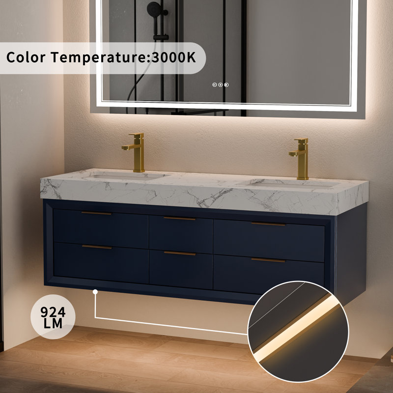 60" Wall-Mounted Double Bathroom Vanity with Engineered Stone Top, 6 Soft-Close Drawers & LED Underglow – Solid Oak Frame, Gold Accents, 4 Premium Finish Options