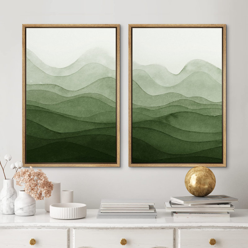" Emerald Green Mountain Range Abstract " 2 - Pieces, Natural, 36" H x 24" W
