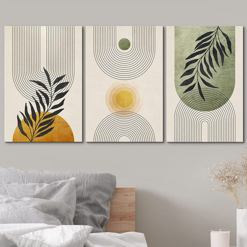«Mid Century Modern Boho», pastel vert géométrique, feuille de palmier jungle, Toile tendue, H 24 po x l 48 po, Sans cadre