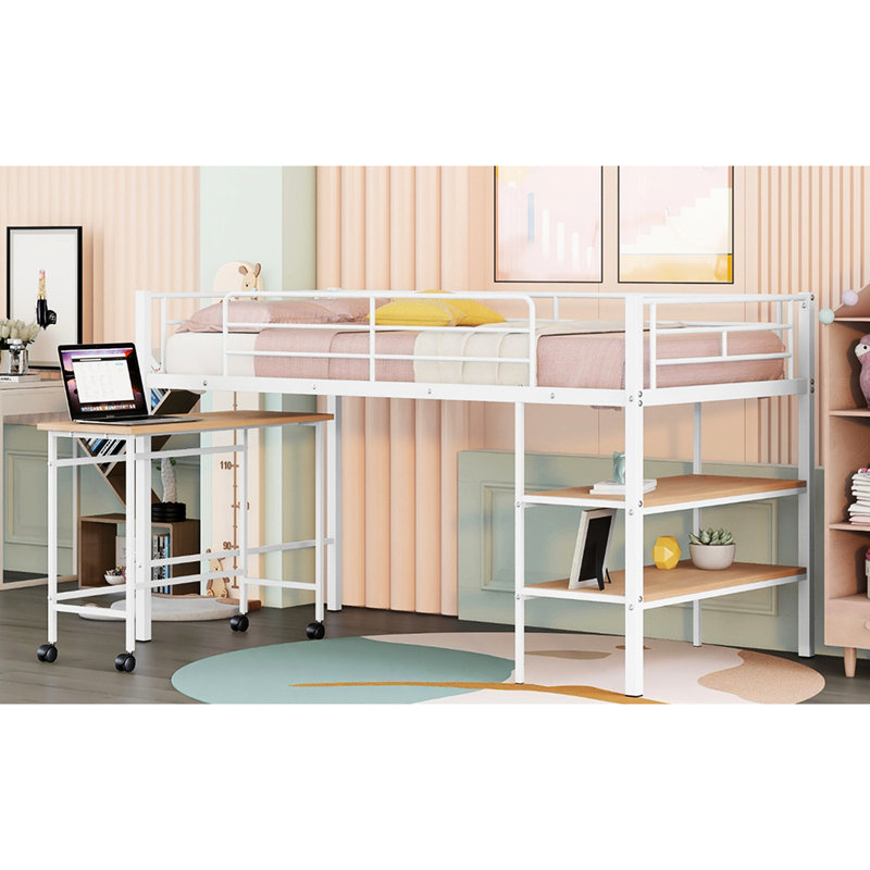 Lit mezzanine simple en métal blanc avec bureau et tablettes - accès facile au design pratique et intégré, Blanc, Métal métal