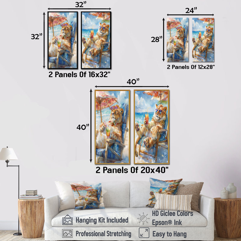 Lion se détendant sur la plage I - ensemble d'art mural animaux côtiers 2 pièces, H 32 po x l 32 po, Ne s’applique pas