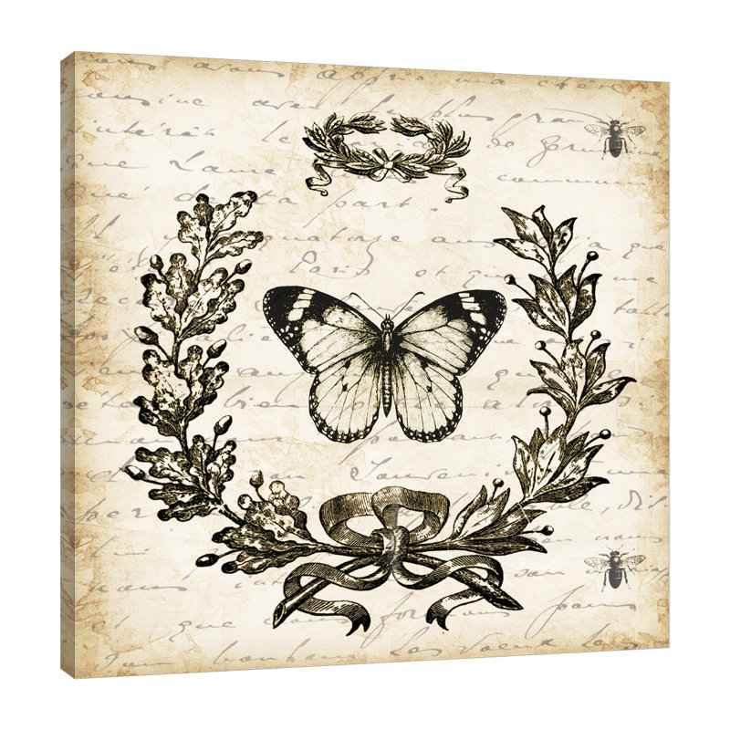 « french laurel couronne : papillon », reproduction d’impression sur toile tendue, H 18 po x l 18 po