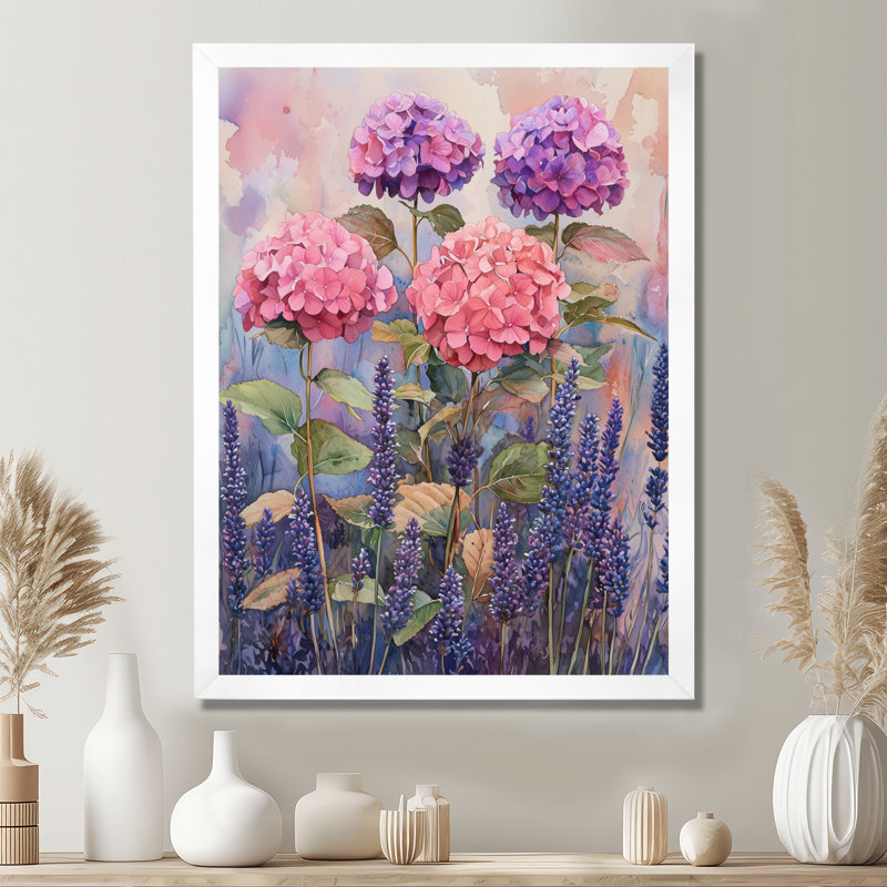 Hortensias dans un champ de lavande II - impressions murales florales, 32" H x 24" W, Reproduction encadrée d'une seule photo