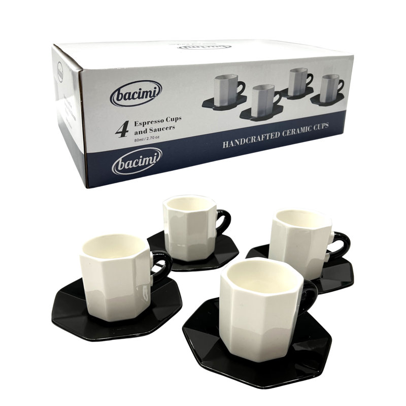 Bacimi White and Black Ceramic Espresso Cups with Saucers, 2.7oz