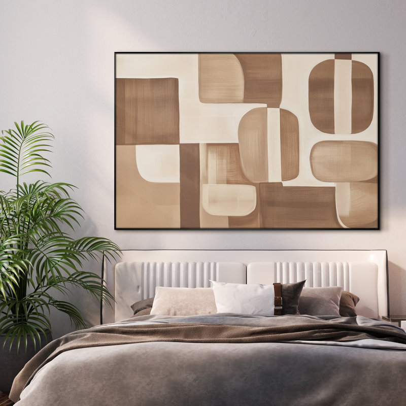 Très grande reproduction d'art géométrique abstraite moderne - formes neutres de brun et de beige, minimaliste pour le salon ou la chambre à coucher, assemblage requis