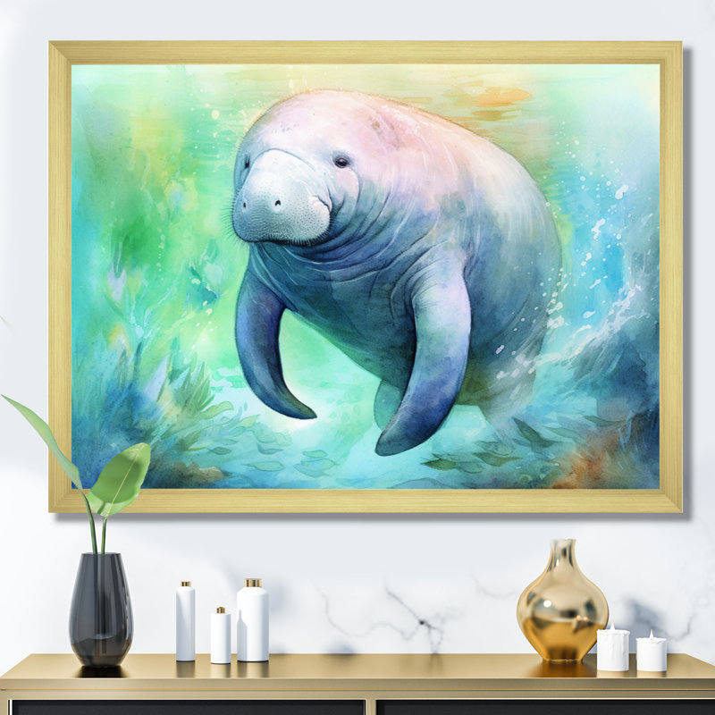 Gentle Manatee I - Art mural lamantin, Cadre doré à une seule photo, H 30 po x l 40 po x P 1,5 po