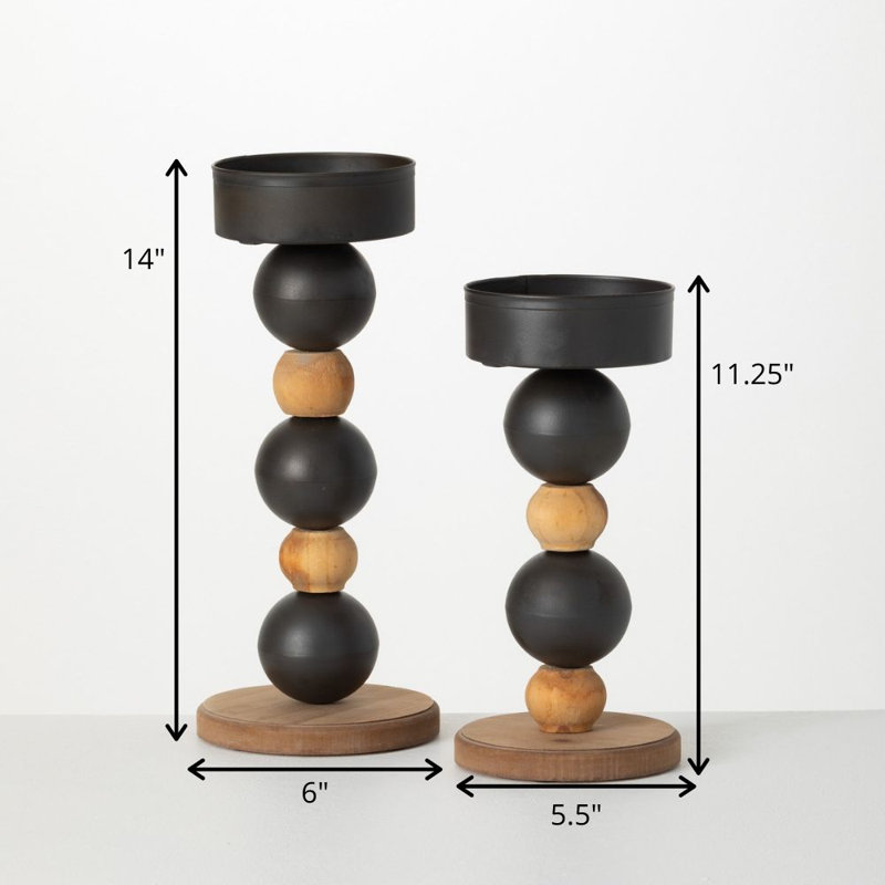 Black and Brown Wood and Metal Sphere Pillar Candle Holders, Set of 2