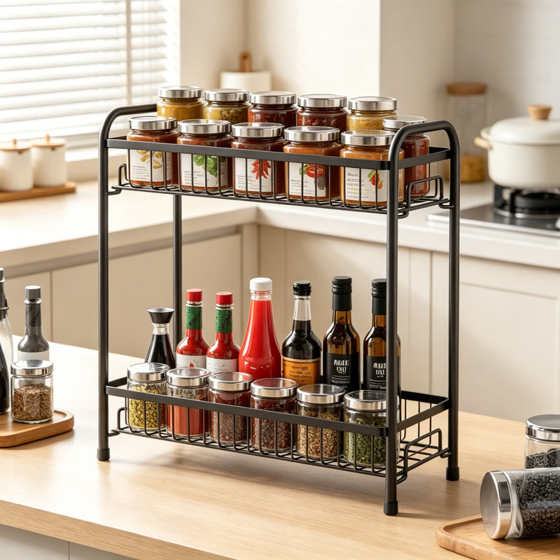 Support à épices en métal à 2 niveaux pour comptoir, organisateur d'assaisonnements robuste et peu encombrant avec protections latérales pour le rangement de la cuisine, du garde-manger et des armoires, assemblage facile sans outil