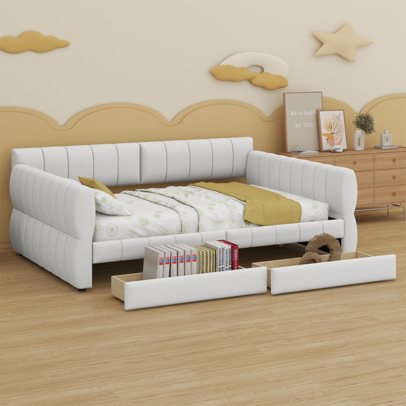 Upholstered Platform Bed With USB And 2 Drawers, White