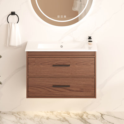 Meuble-lavabo mural brun rougeâtre 30 po, armoire à 2 tiroirs à fermeture en douceur et lavabo en céramique pour un arrangement intemporel