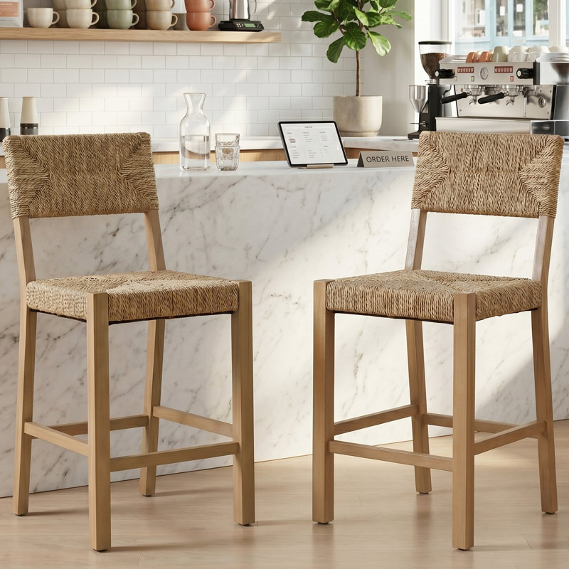 Cledia 21" Wide Rustic Farmhouse Style Solid Wood Ratten Seat Counter Stool