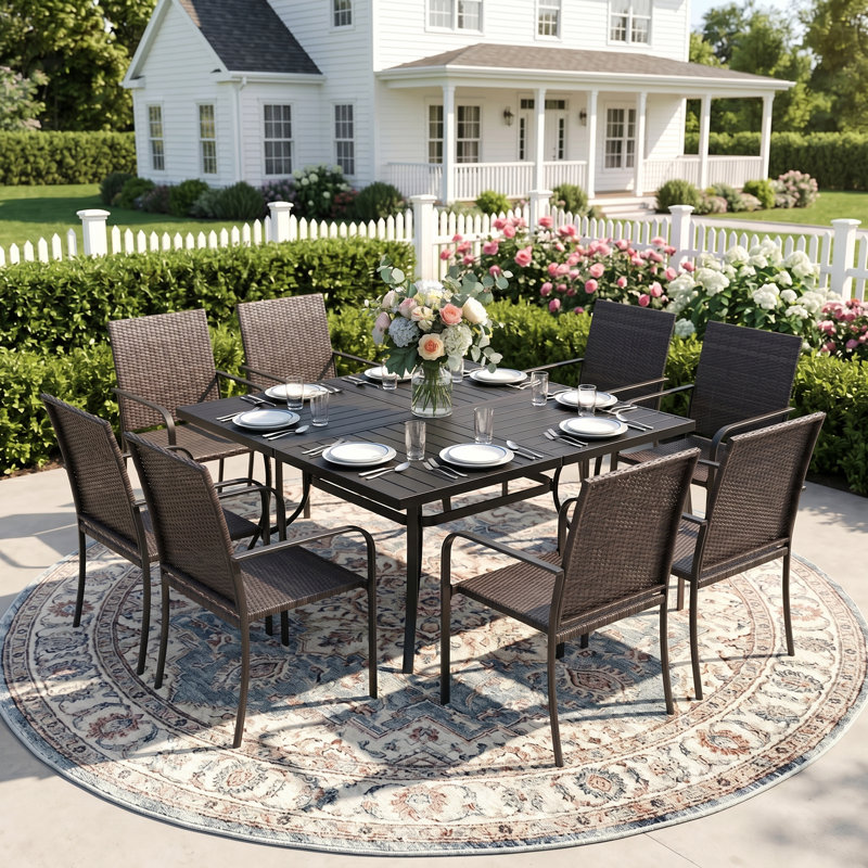8-Person Square Patio Dining Set With Wicker Rattan Chairs, Black