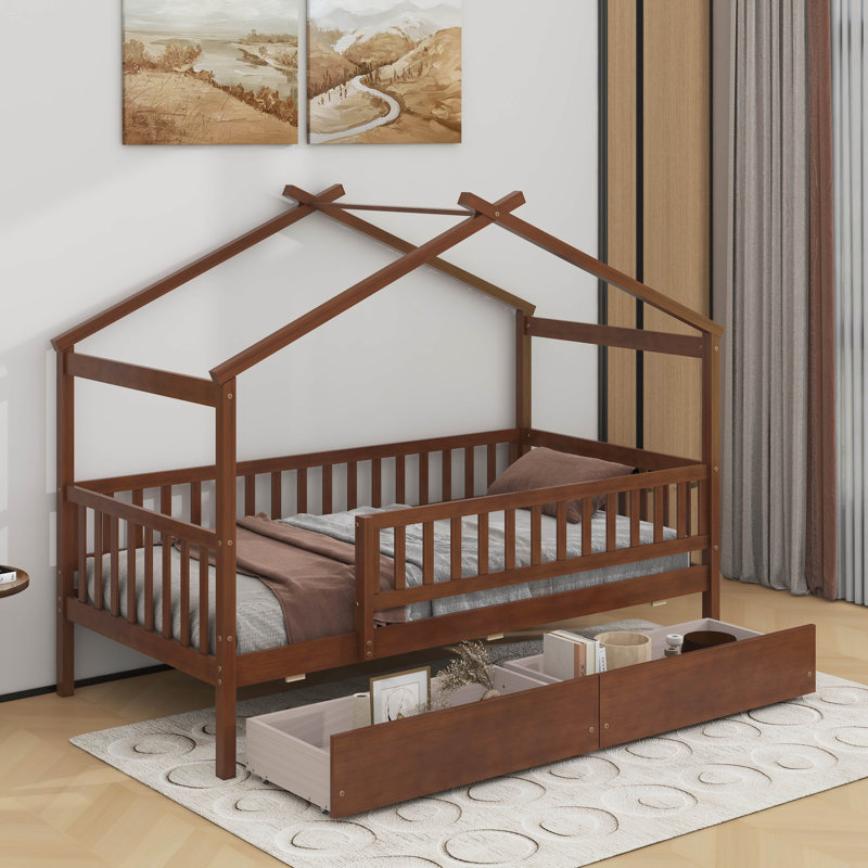 Twin wooden house bed with drawers, Noyer