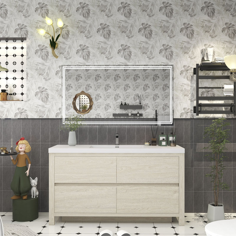 Meuble-lavabo simple 59,06 po avec plateau en acrylique Bethalto, Bois clair