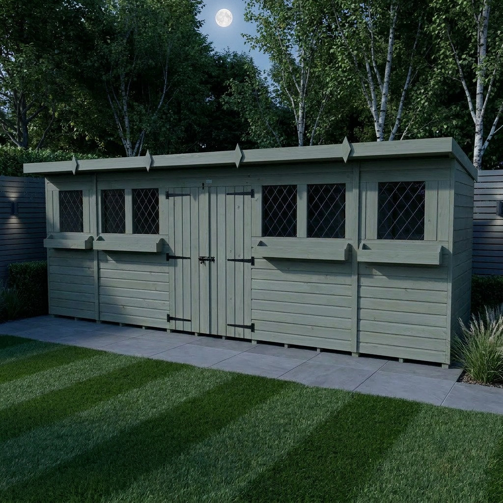Total Sheds 18ft x 4ft Pent Summer Shed - Toughened Glass External Planters - Pressure Treated Timber - UK Manufactured