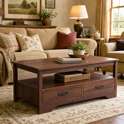 Modern Coffee Table With Open Storage Shelf And 2 Drawers, Farmhouse‑Style Living Room Accent Table, Idea For Living Room